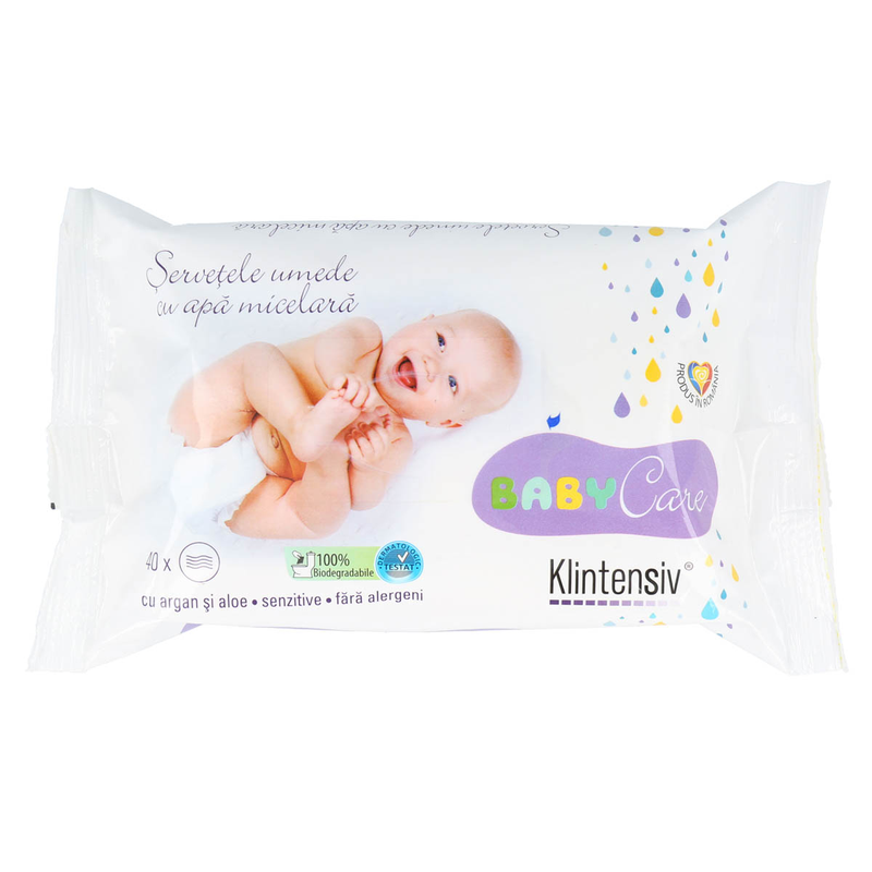 KLINTENSIV®- Servetele umede Baby cu apa micelara, argan si aloe, 100% biodegradabile, 40 buc infant-ro