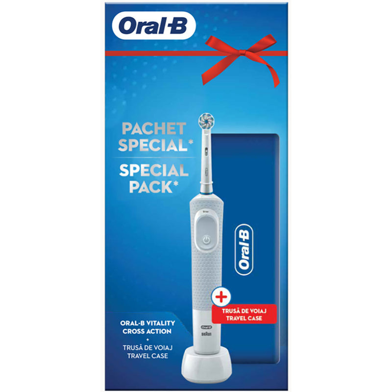 ORAL-B Vitality D100 Cross Action, periuta de dinti electrica + Trusa calatorie, alb infant-ro