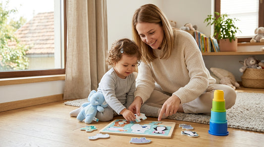 Mamă și copil jucându-se cu puzzle Blandete Polara Djeco – parenting bland