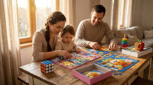 Colecție de puzzle-uri pentru copii de la INFANT.RO, inclusiv turn de stivuire, puzzle prințese, cub Rubik și puzzle 3D