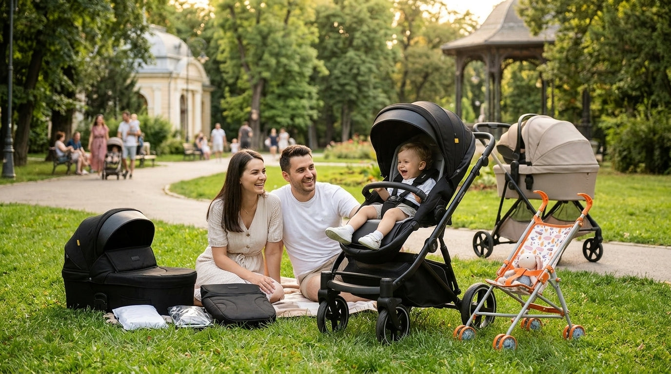 Familie cu copil în parc, cărucior modern, tendințe parenting 2026