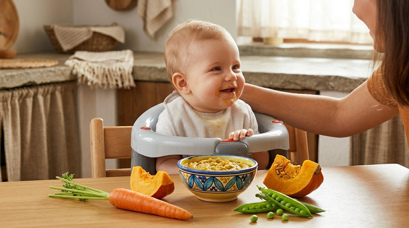 Bebeluș fericit lângă un bol cu piure de legume de sezon, gata de masă