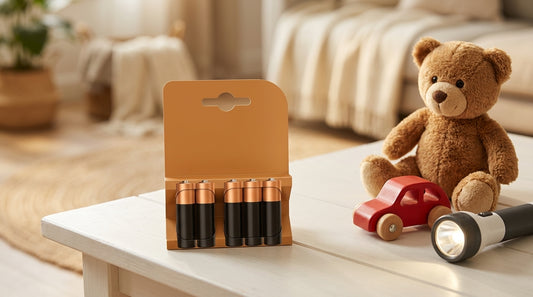 Baterii AA Duracell Basic LR06 langa jucarii pentru copii, ilustrand utilizarea in familie