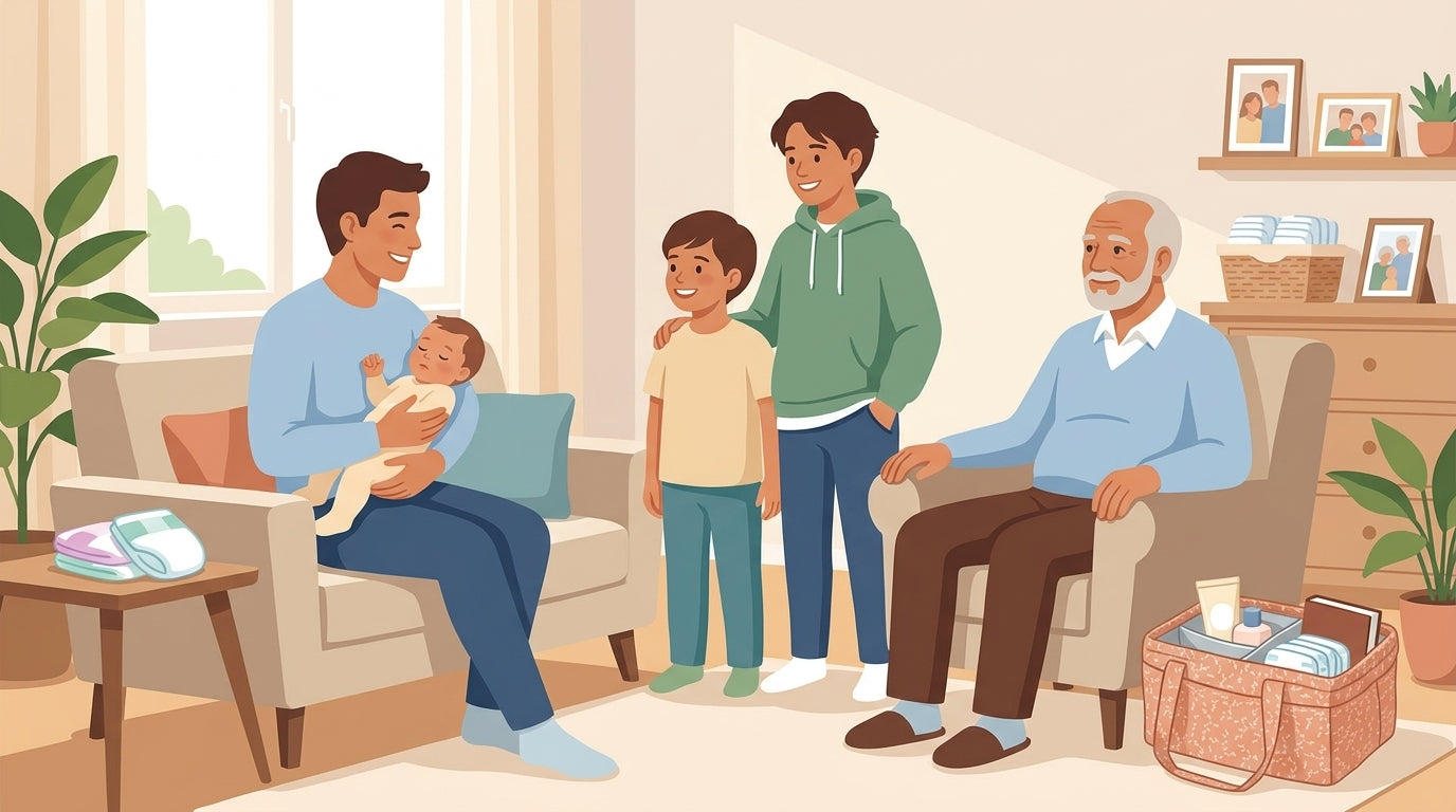 Familie multigenerațională primind sfaturi de parenting pe vârste, cu accente pe organizare și îngrijire