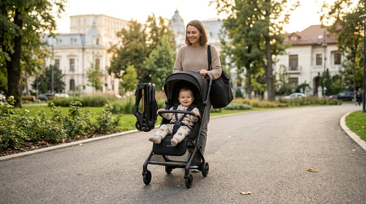 Parinte cu un carucior compact intr-un parc din oras, copil fericit