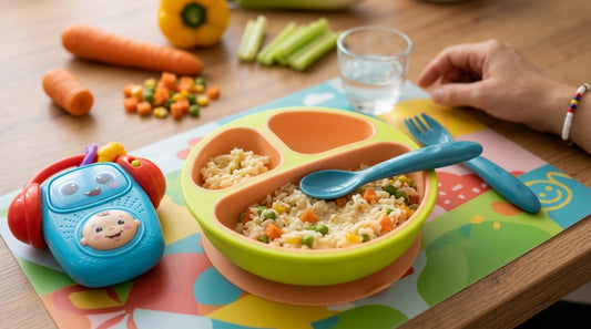 Pilaf de orez cu legume pentru bebeluși, servit într-un bol colorat, cu linguriță pentru copii