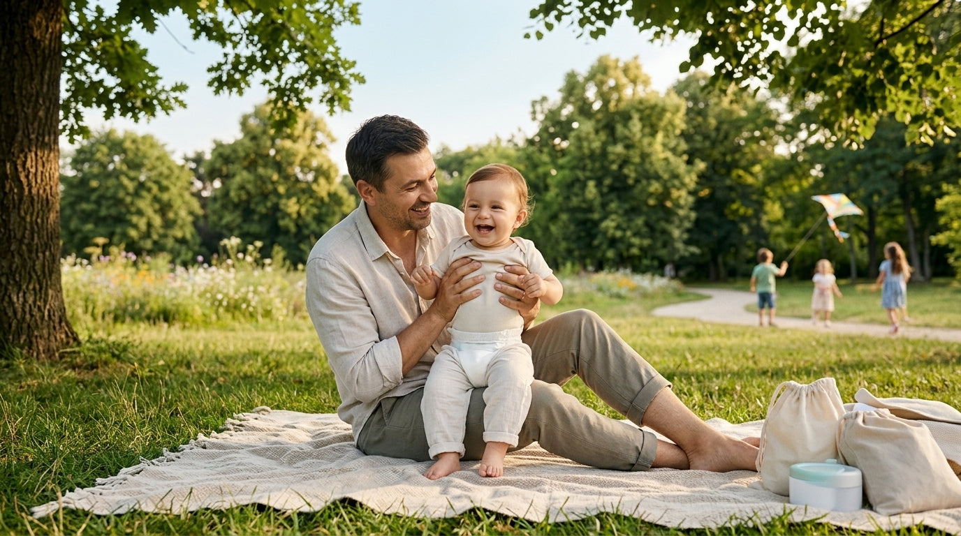 Părinte și bebeluș în parc, ilustrând tendințe parenting 2026 și sfaturi pentru părinți pe vârste