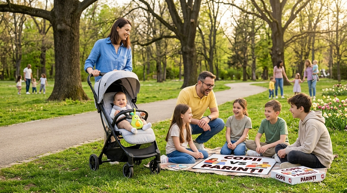 Familie cu copii de diferite varste in parc, ilustrand tendinte parenting 2026 si sfaturi parinti varsta