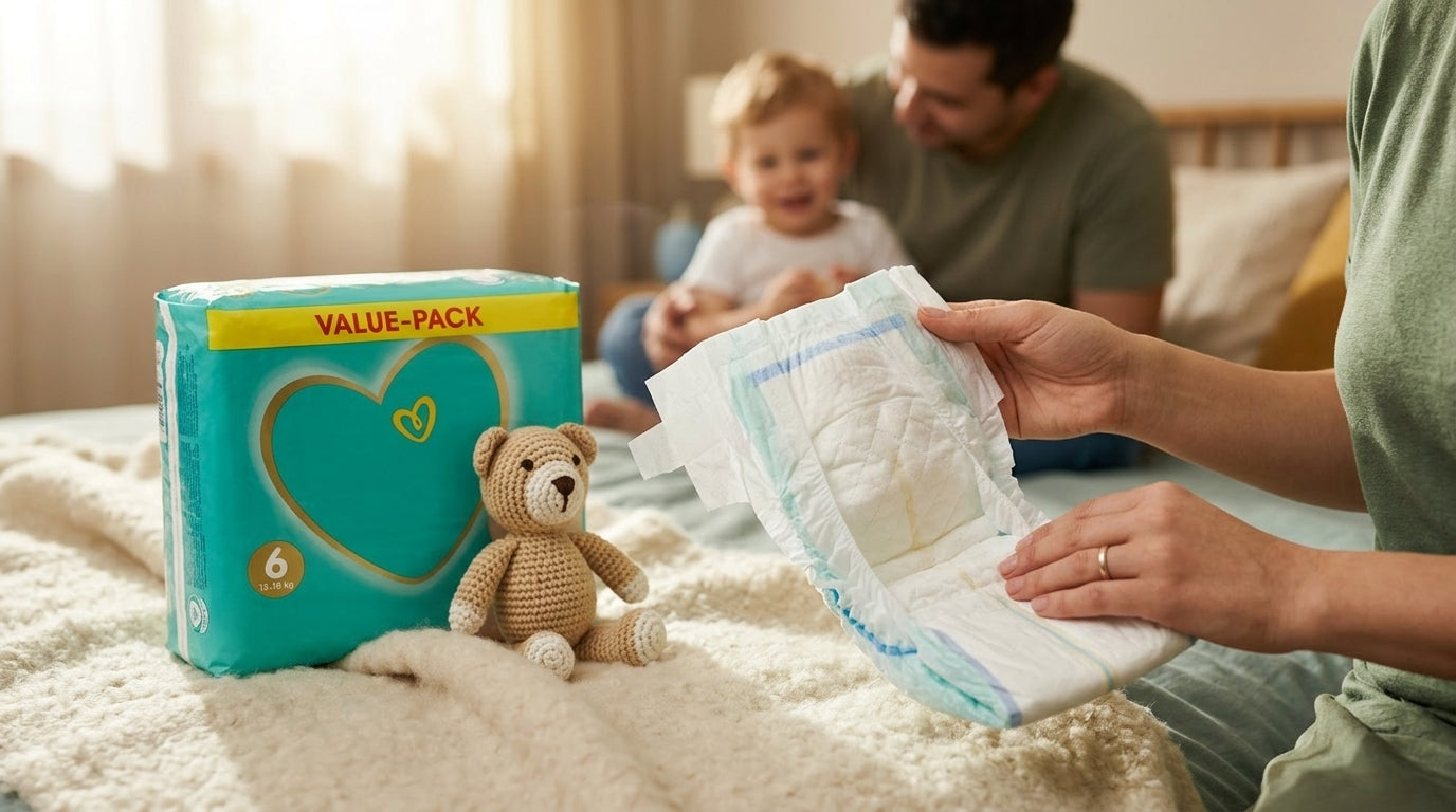 Pachet Pampers Premium Care scutece Nr 6, 38 buc, pentru copii 14-19 kg, cu un scutec desfăcut care arată interiorul moale și indicatorul de umezeală