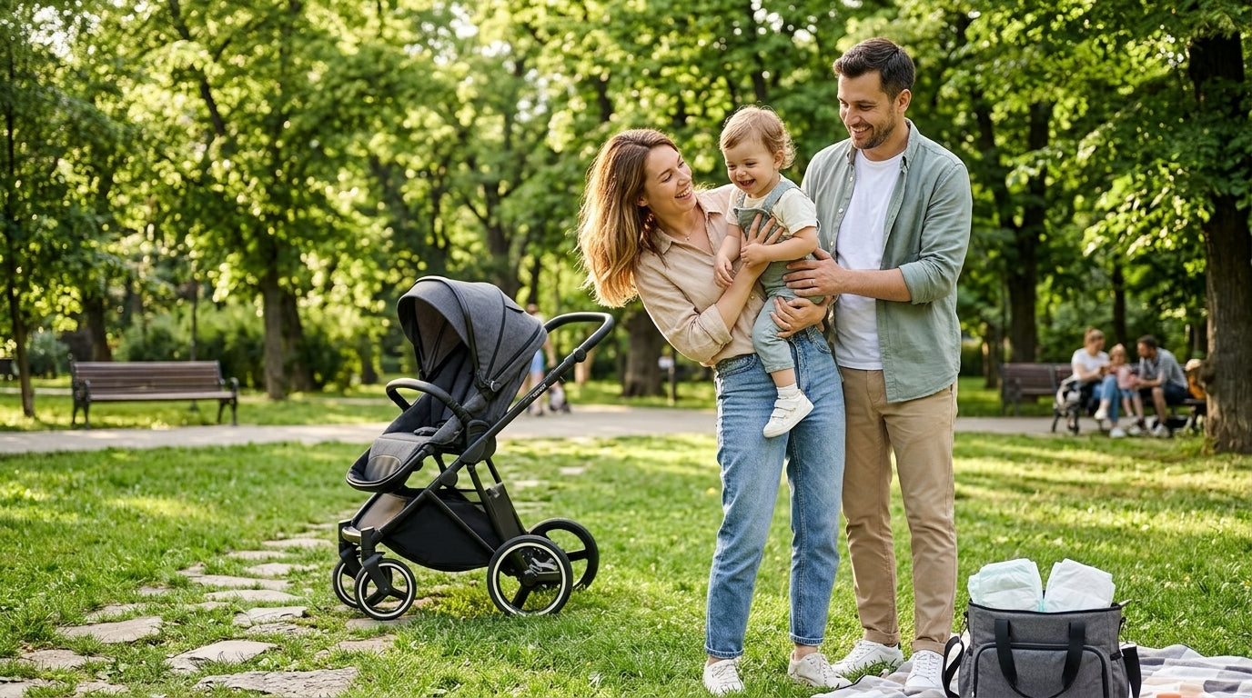 Familie cu copil în parc, ilustrând tendințele parenting moderne
