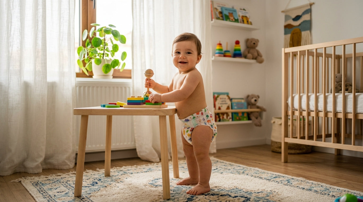 Bebeluș fericit purtând scutece chilotel, în camera de joacă