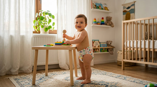 Bebeluș fericit purtând scutece chilotel, în camera de joacă