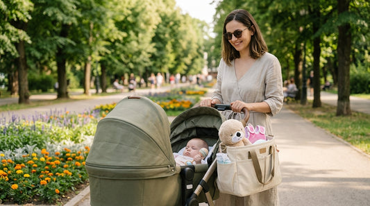 Mamă cu bebeluș la plimbare în parc, ilustrând organizarea plimbărilor cu bebelușul