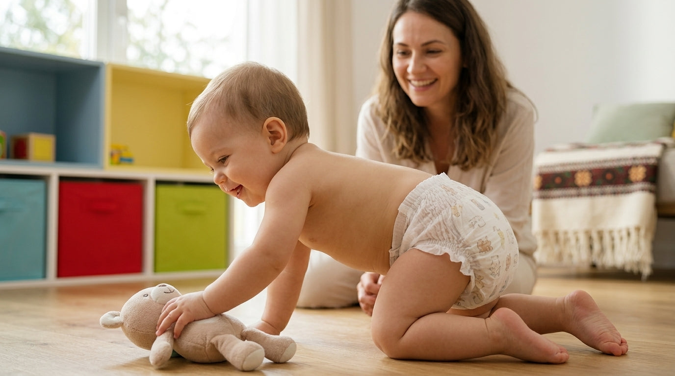 Bebeluș activ purtând scutec-chilotel Pampers Premium Care Pants Nr 5