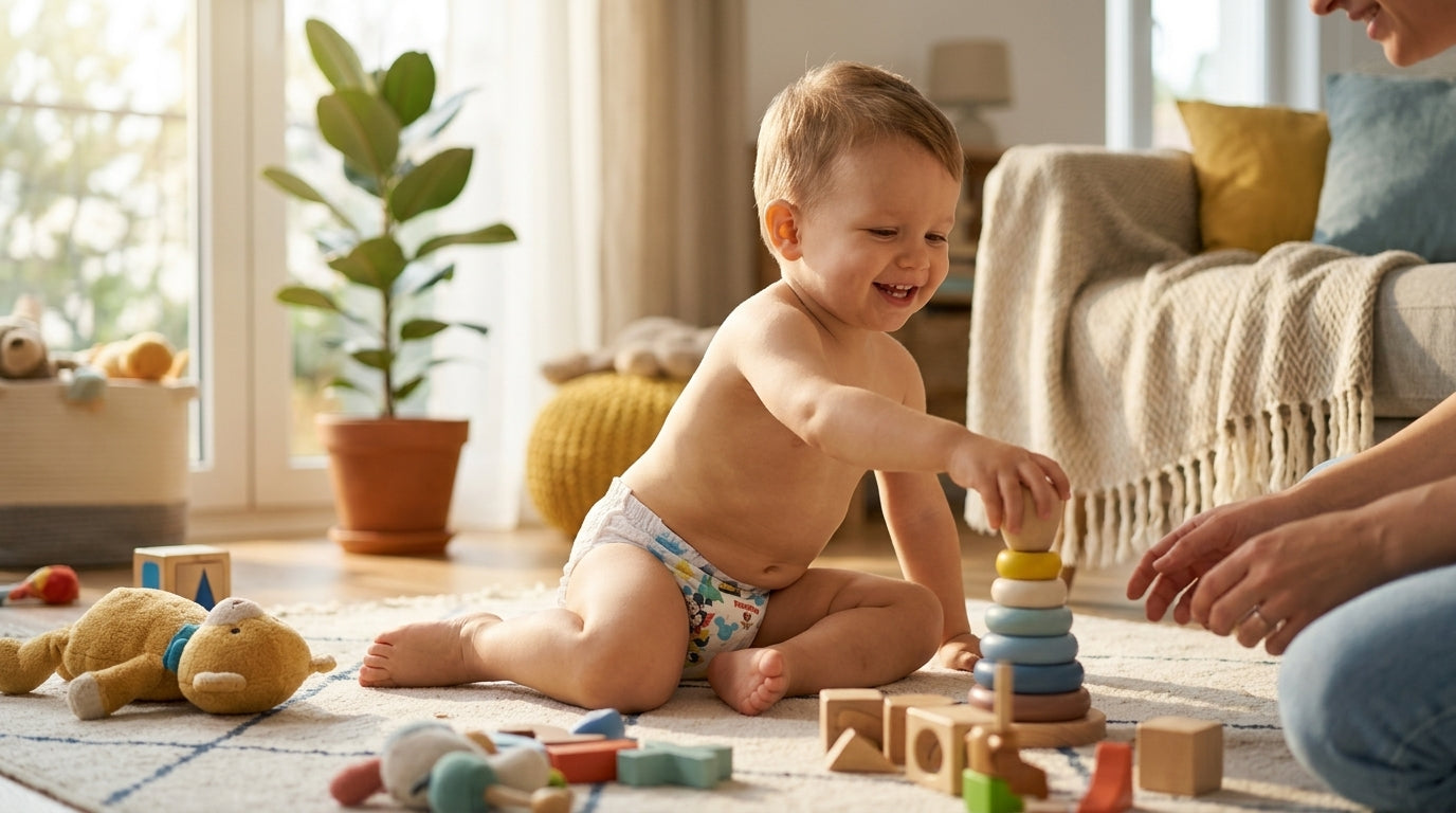 Copil fericit purtând scutec-chiloțel Huggies Pants D Nr 5, jucându-se liber