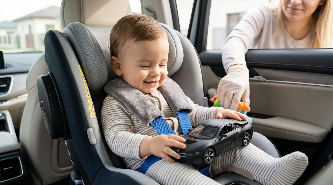 Bebeluș în scaun auto cu accesorii de siguranță, ilustrând tendințele 2026 pentru protecția copiilor în mașină