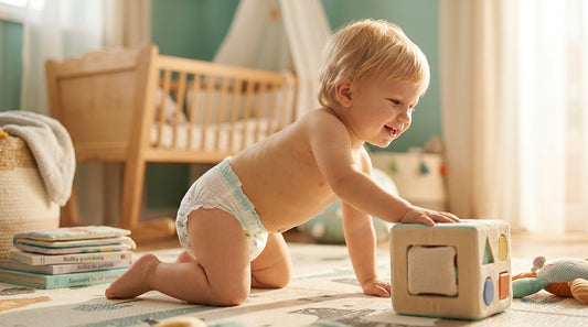 Bebeluș activ purtând scutec-chilotel Pampers Premium Care Pants Nr 5, ilustrând confortul și libertatea de mișcare