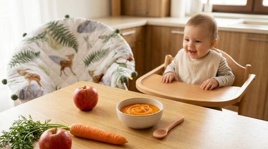 Retete pentru bebelusi – piure de morcov proaspat preparat, ingrediente si bebelus fericit la masa