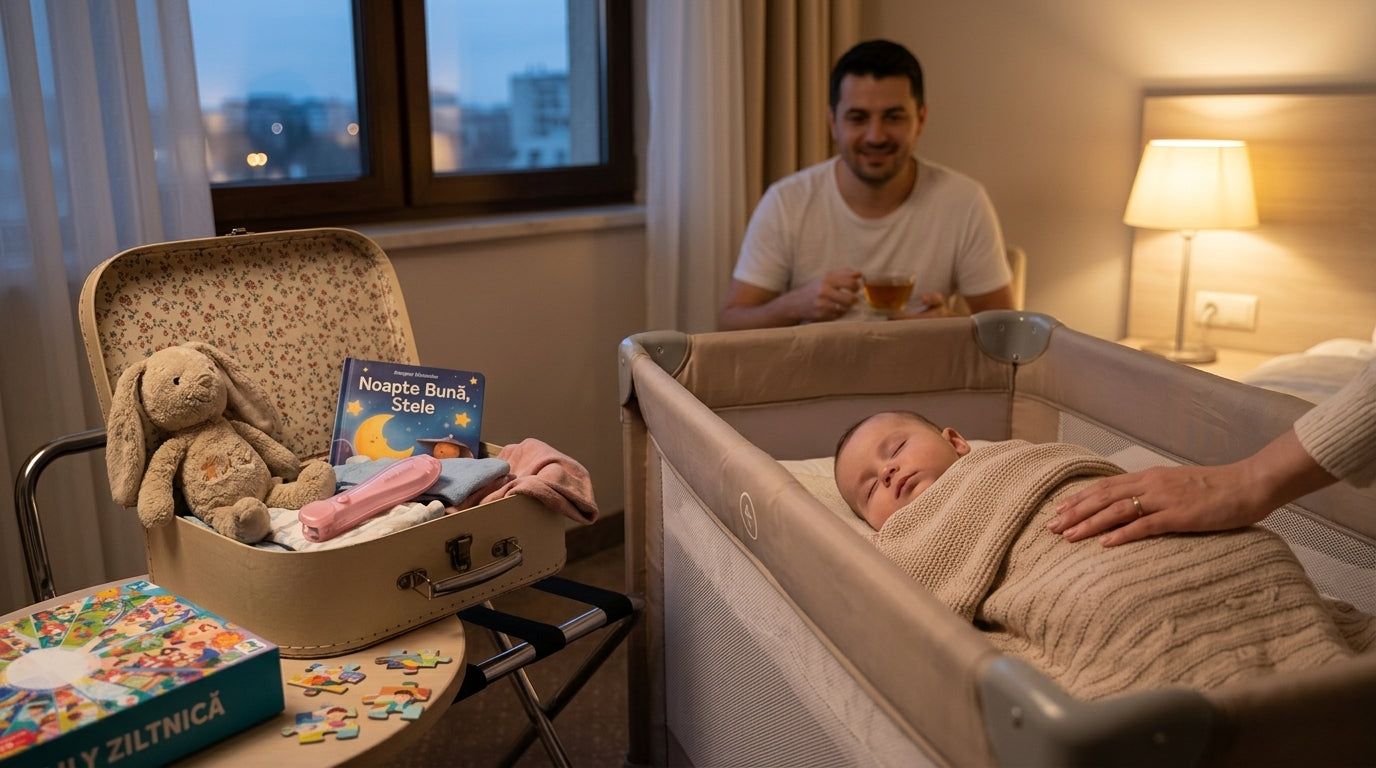 Rutina de somn în călătorii: bebeluș adormit liniștit într-un pătuț portabil, cu obiecte familiare în jur, într-o cameră de hotel.