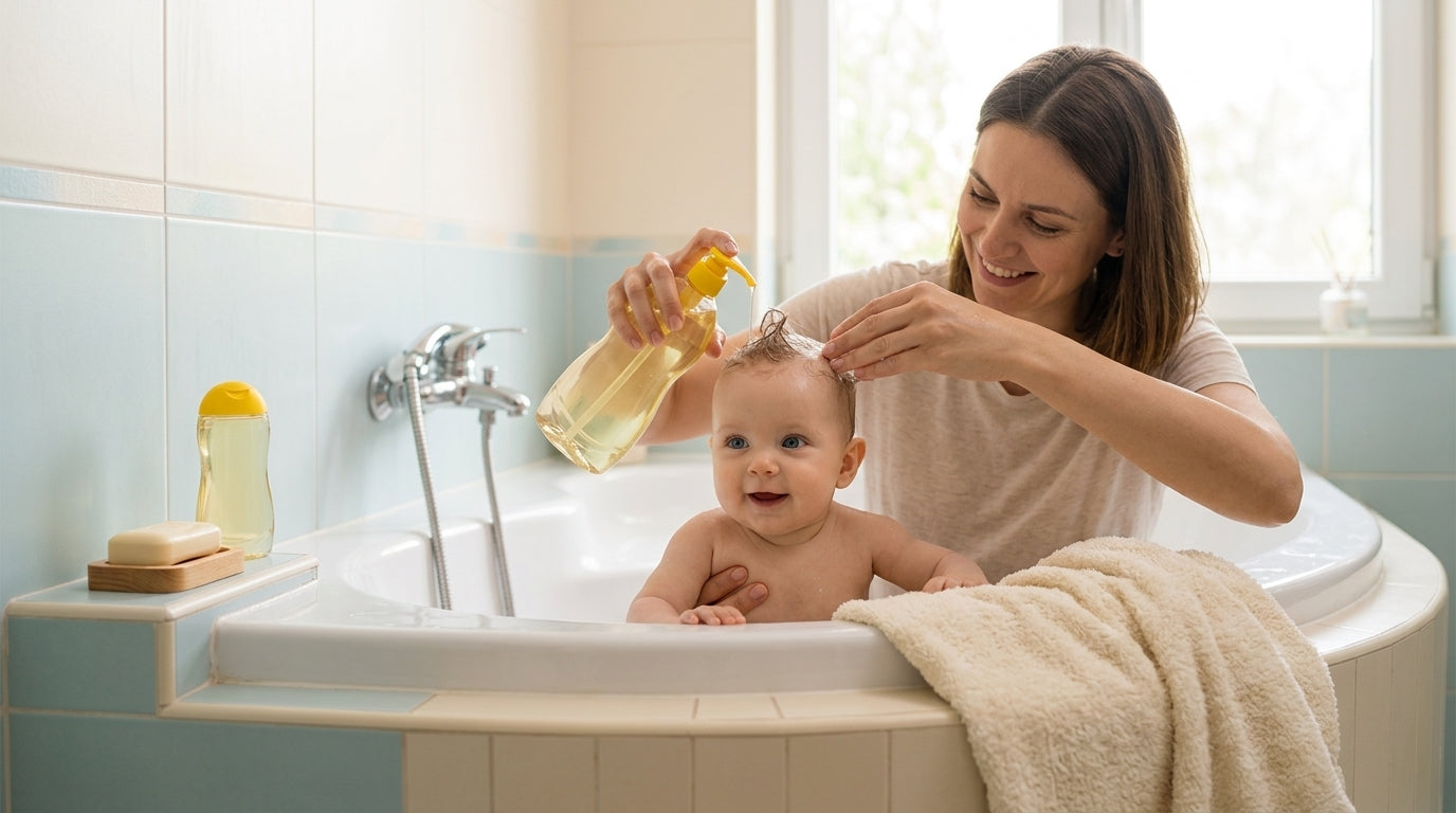 Șampon DALIN Baby cu mușețel, 700 ml, în timpul băii bebelușului