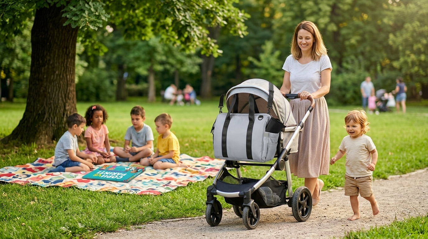 Familie petrecând timp de calitate în aer liber, ilustrând sfaturi de parenting adaptate vârstei copiilor