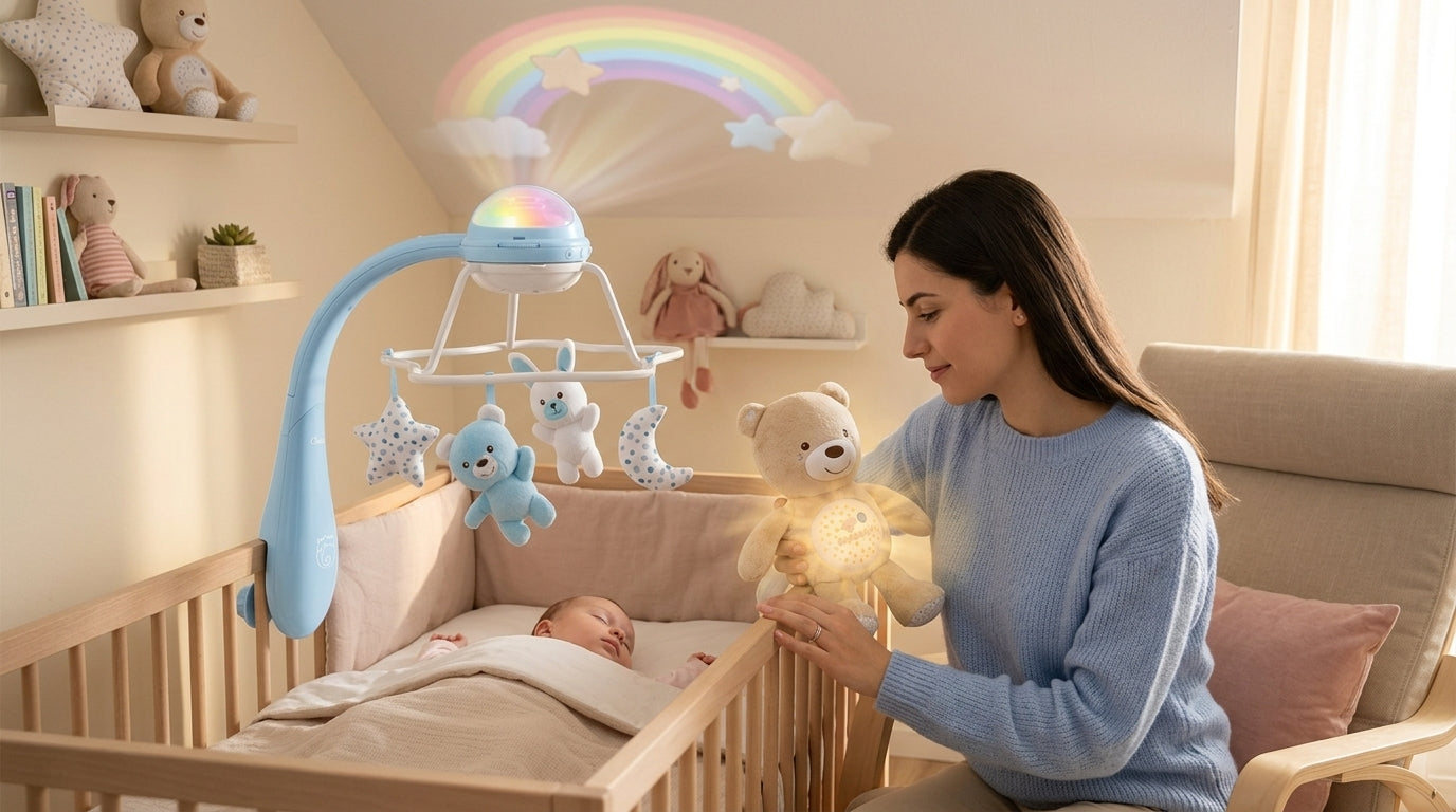 Sfaturi părinți somn pașii: carusel muzical Chicco Rainbow proiectează curcubeu pe tavan pentru somnul bebelușului.