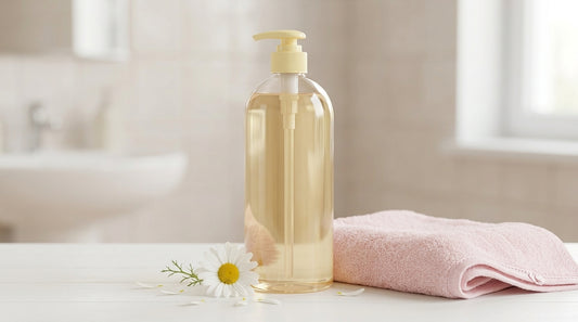 Sampon DALIN Baby cu musetel, 700 ml, langa o floare de musetel si un prosop de bebelus