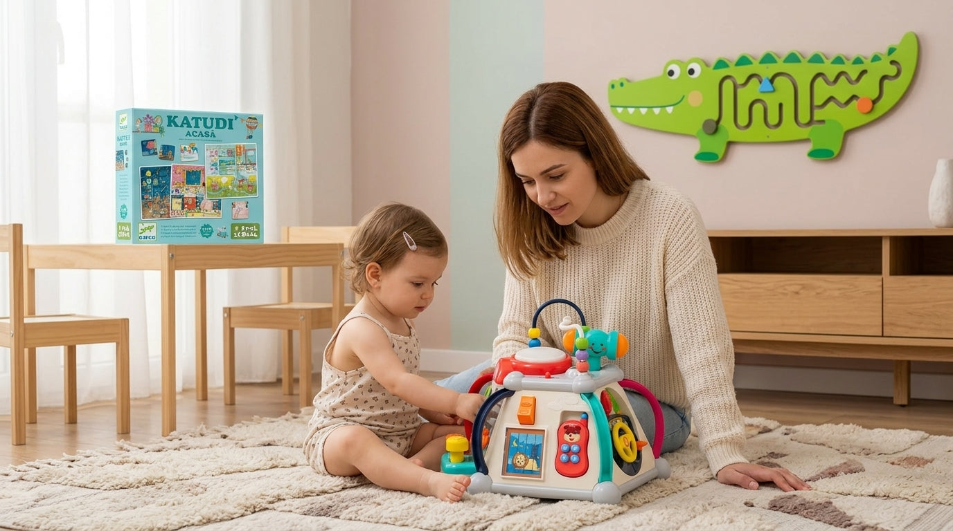 Activități copii acasă: părinte și copil jucându-se cu jucării educative într-un living modern