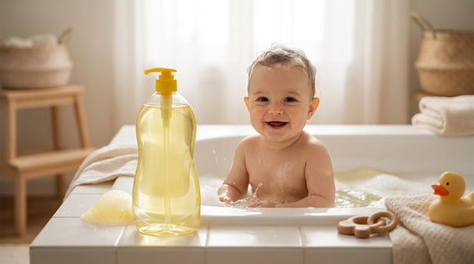 Șampon DALIN Baby cu mușețel 700 ml pentru bebeluși, alături de un bebeluș fericit la baie.