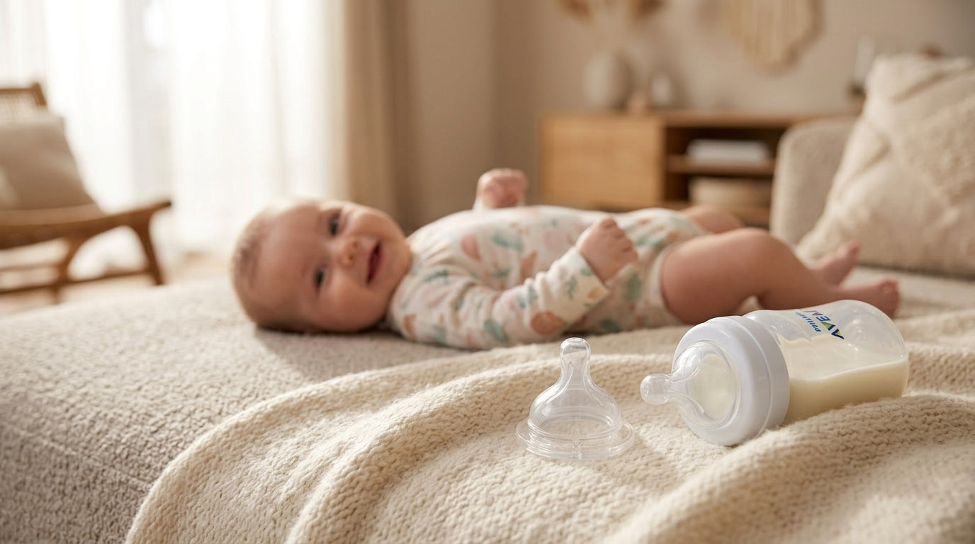 Tetina anti-colici SCY763/02 Philips Avent pentru bebeluși de peste 3 luni, alături de un biberon