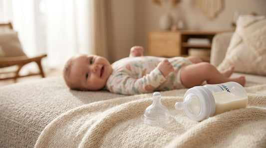 Tetina anti-colici SCY763/02 Philips Avent pentru bebeluși de peste 3 luni, alături de un biberon