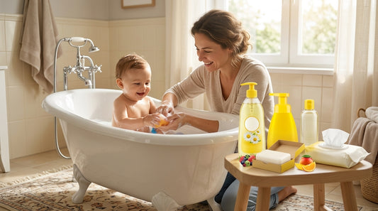 Bebeluș în cadă cu produse DALIN Baby – șampon, săpun, ulei și șervețele