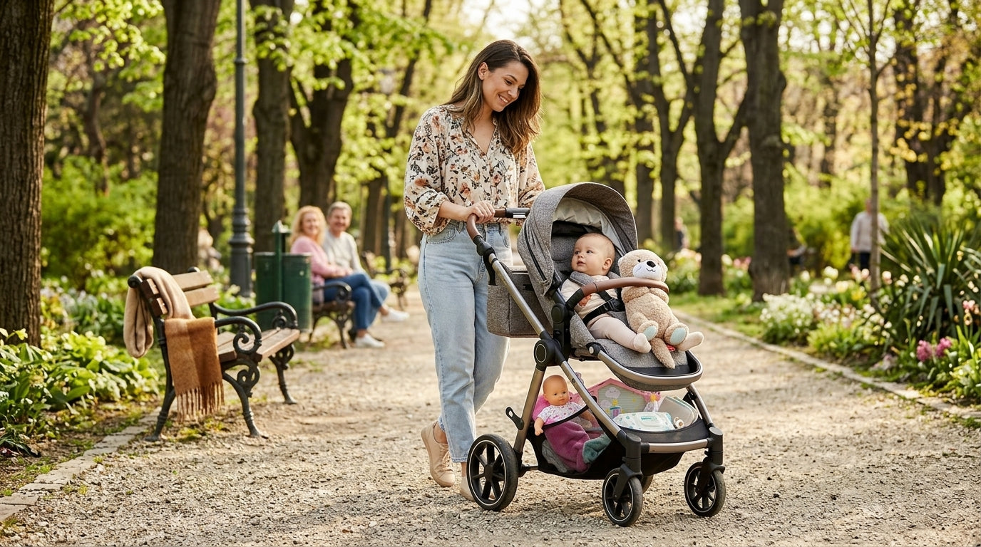 Mamă cu bebeluș la plimbare în parc, ilustrând tendințele de organizare a plimbărilor.