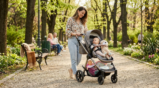 Mamă cu bebeluș la plimbare în parc, ilustrând tendințele de organizare a plimbărilor.