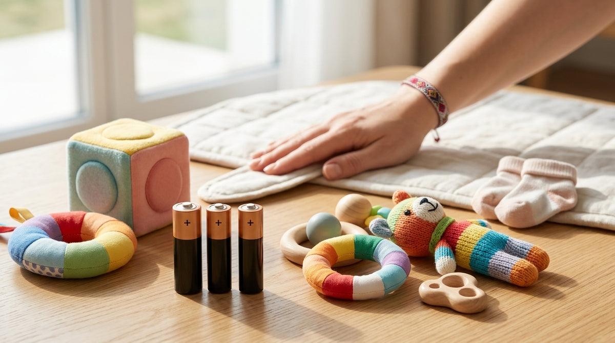 Baterii AA Duracell Basic LR06 lângă jucării pentru copii