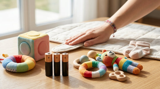 Baterii AA Duracell Basic LR06 lângă jucării pentru copii