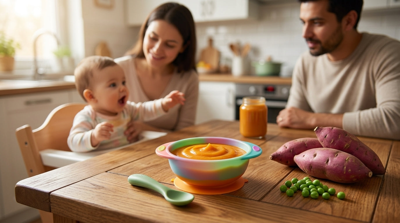 Piure de cartof dulce pentru bebeluși, servit într-un bol colorat, alături de cartofi dulci proaspeți