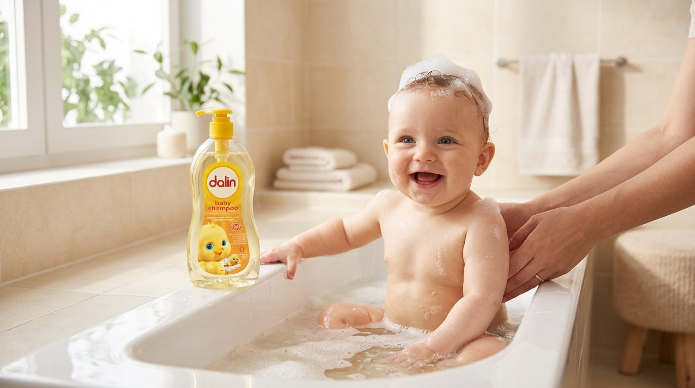 Bebeluș fericit în baie folosind șamponul DALIN Baby cu mușețel 700 ml