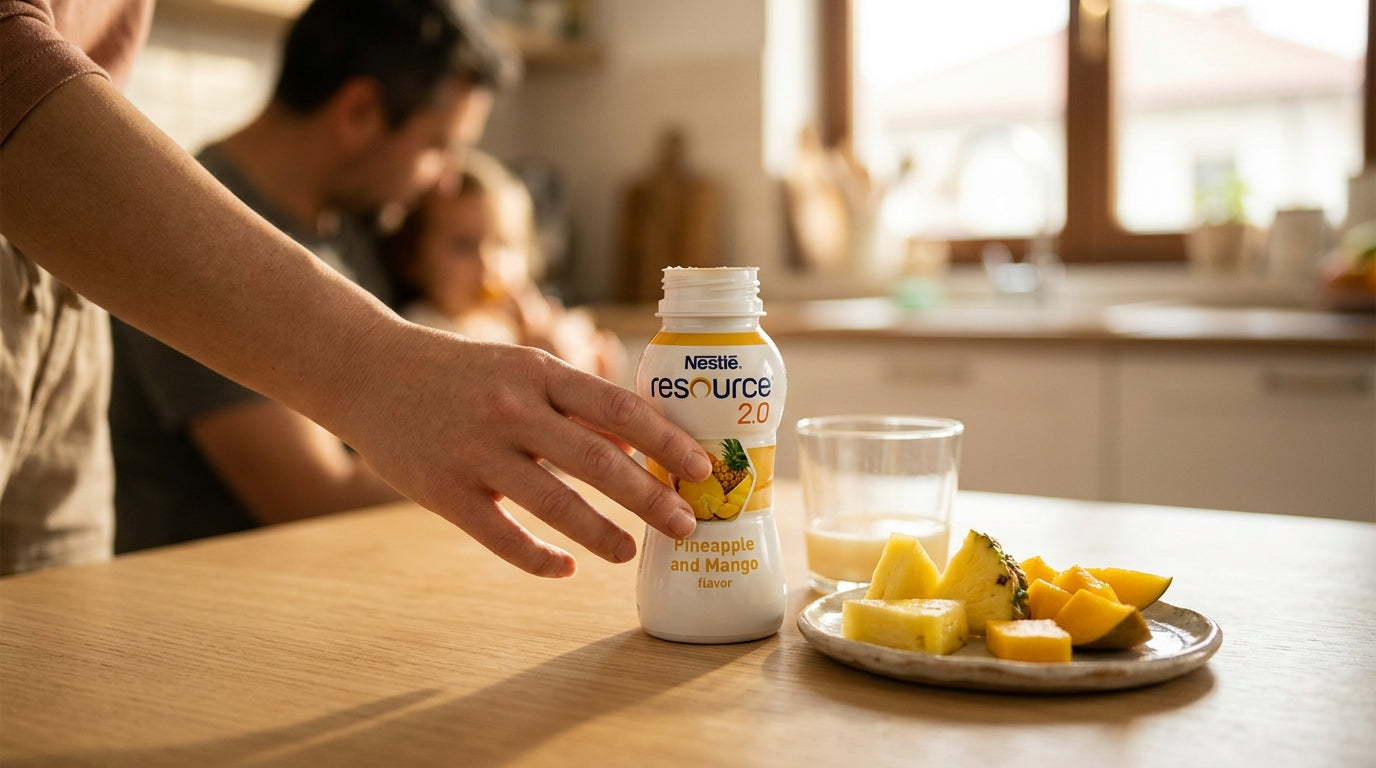 Sticlă de NESTLE Resource 2.0 cu aromă de ananas și mango, alături de fructe proaspete, pe o masă de bucătărie luminoasă