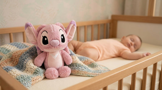 Jucărie de pluș DISNEY Angel Flopsies, 25 cm, pe un pat de copil