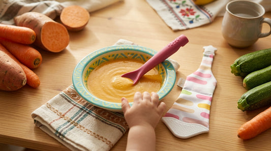 Supa crema hidratanta pentru bebelusi servita intr-un bol colorat cu lingurita din silicon, alaturi de legume proaspete
