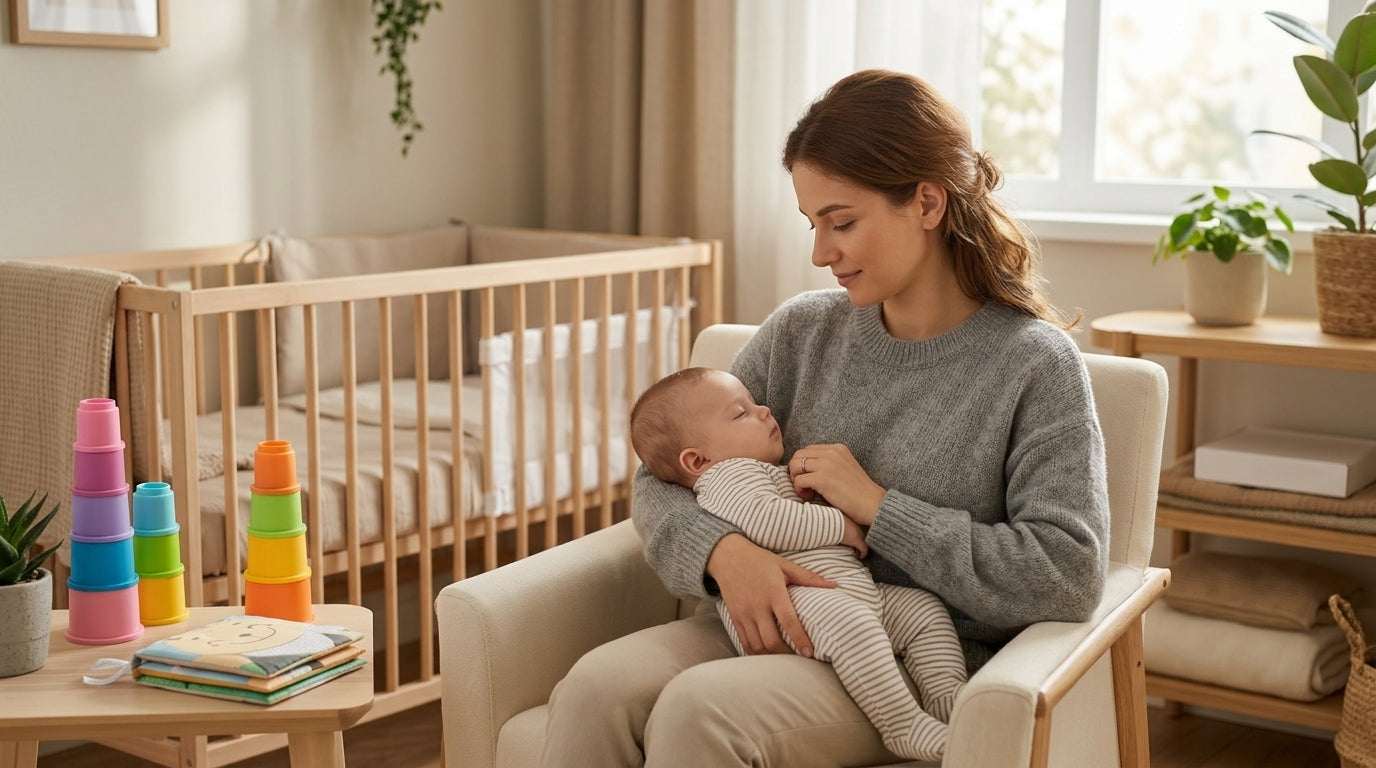 Mamă liniștită cu bebelușul după o căzătură minoră, promovând siguranța și calmul în parenting.