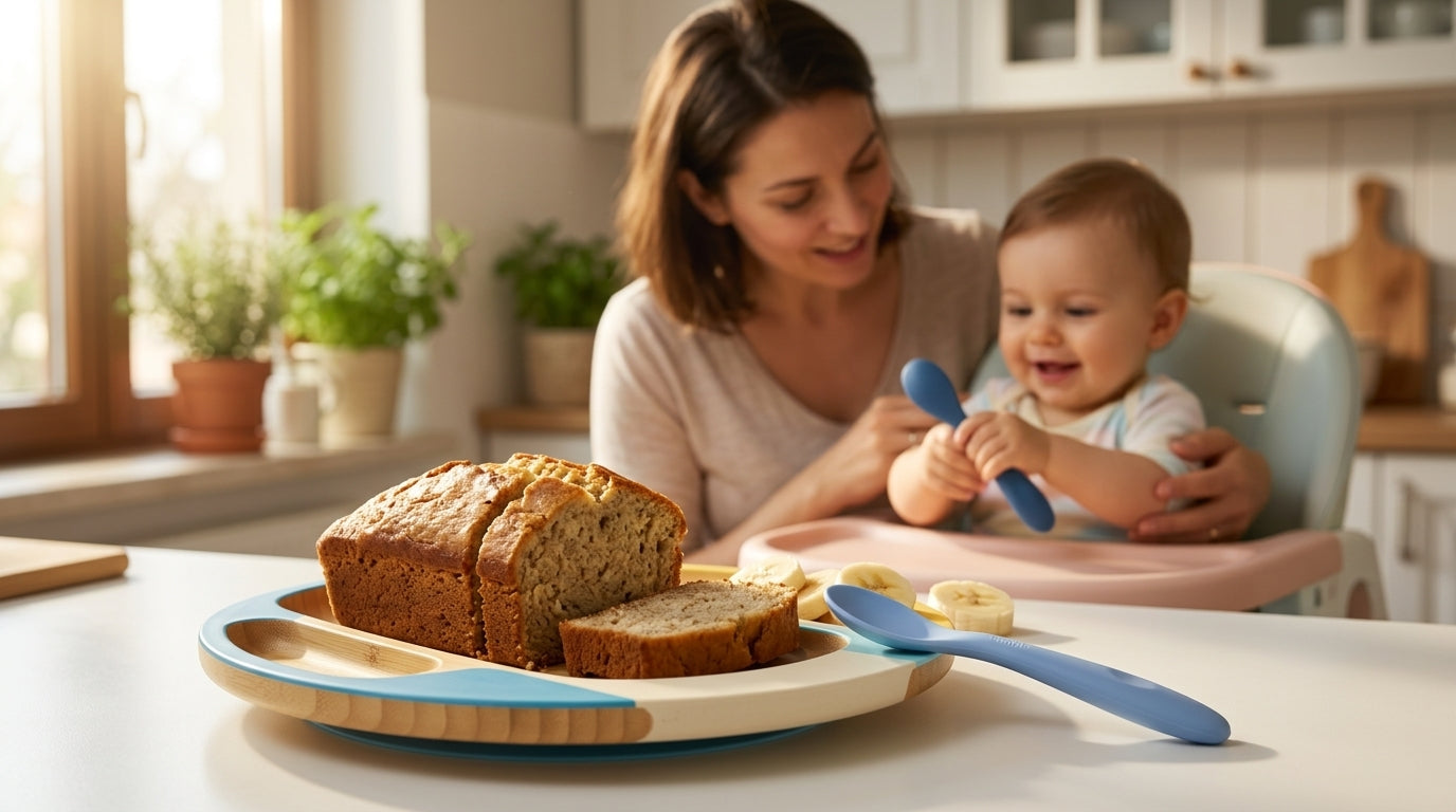 Chec sanatos pentru bebelusi cu banane si ovaz, servit pe o farfurie vesela, alaturi de o lingurita pentru copii