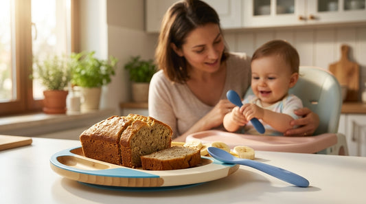 Chec sanatos pentru bebelusi cu banane si ovaz, servit pe o farfurie vesela, alaturi de o lingurita pentru copii