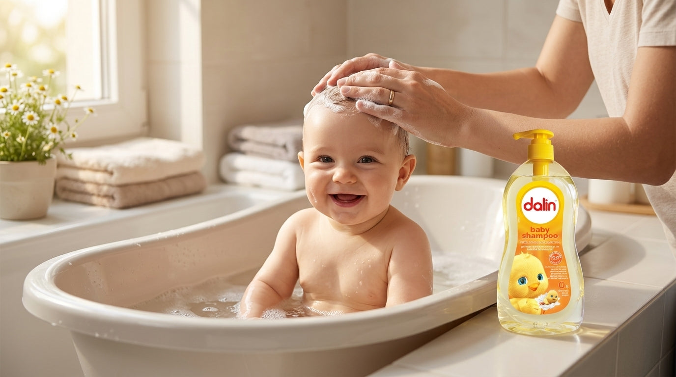Bebeluș fericit în timpul băii, folosind șamponul DALIN Baby cu mușetel, 700 ml