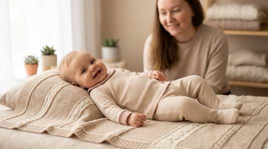Bebeluș pe păturică tricot bej cu body asortat – set INFANT.RO