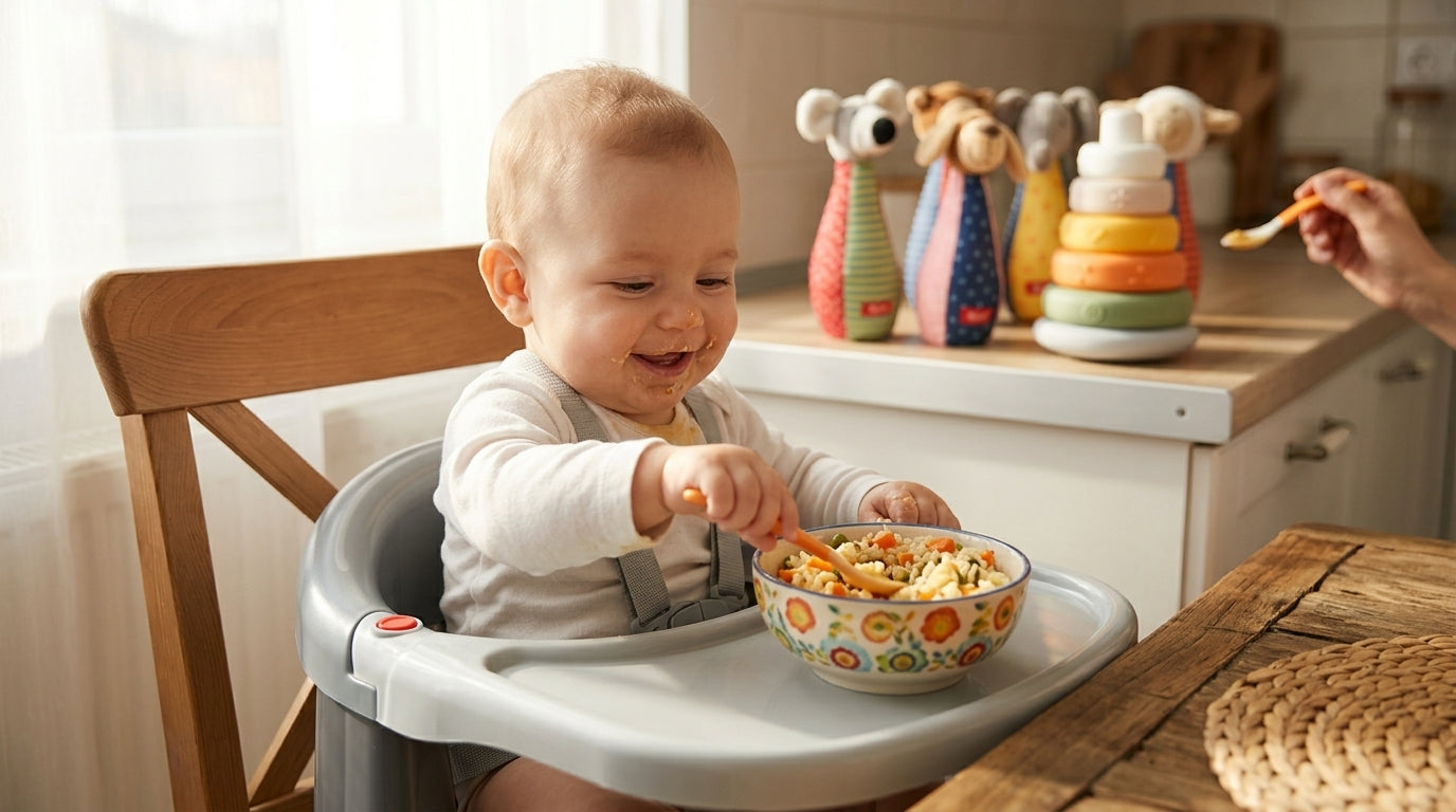 Bebeluș mâncând pilaf de orez cu legume, rețetă sănătoasă pentru diversificare