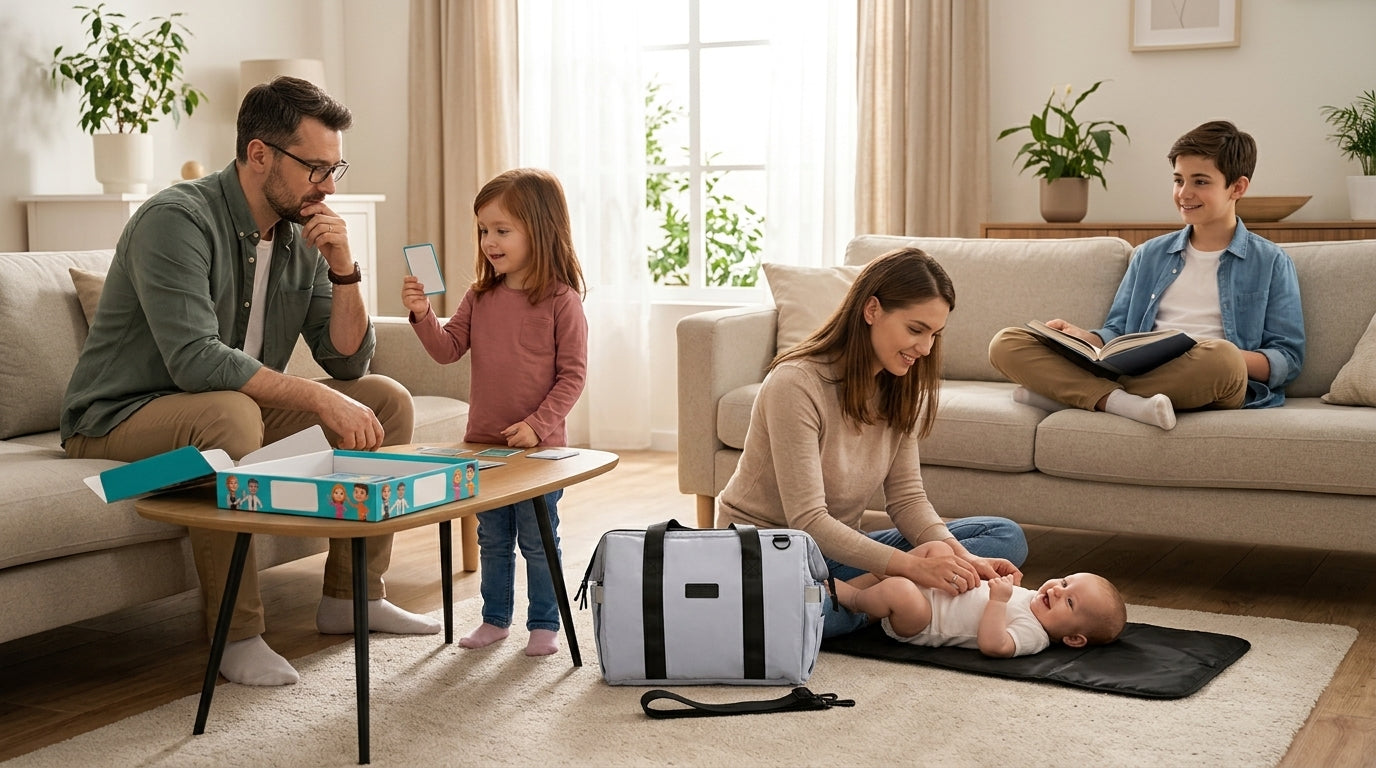 Familie cu copii de vârste diferite, ilustrând sfaturi de parenting adaptate vârstei