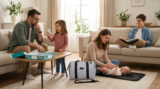 Familie cu copii de vârste diferite, ilustrând sfaturi de parenting adaptate vârstei