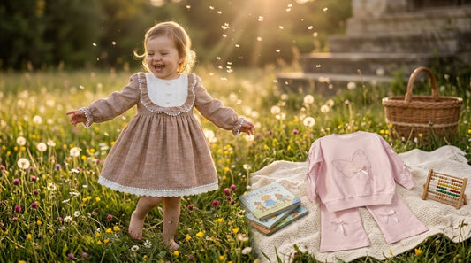 Fetiță în rochie camel cu dantelă Wondress și set pantaloni roz cu fundițe – INFANT